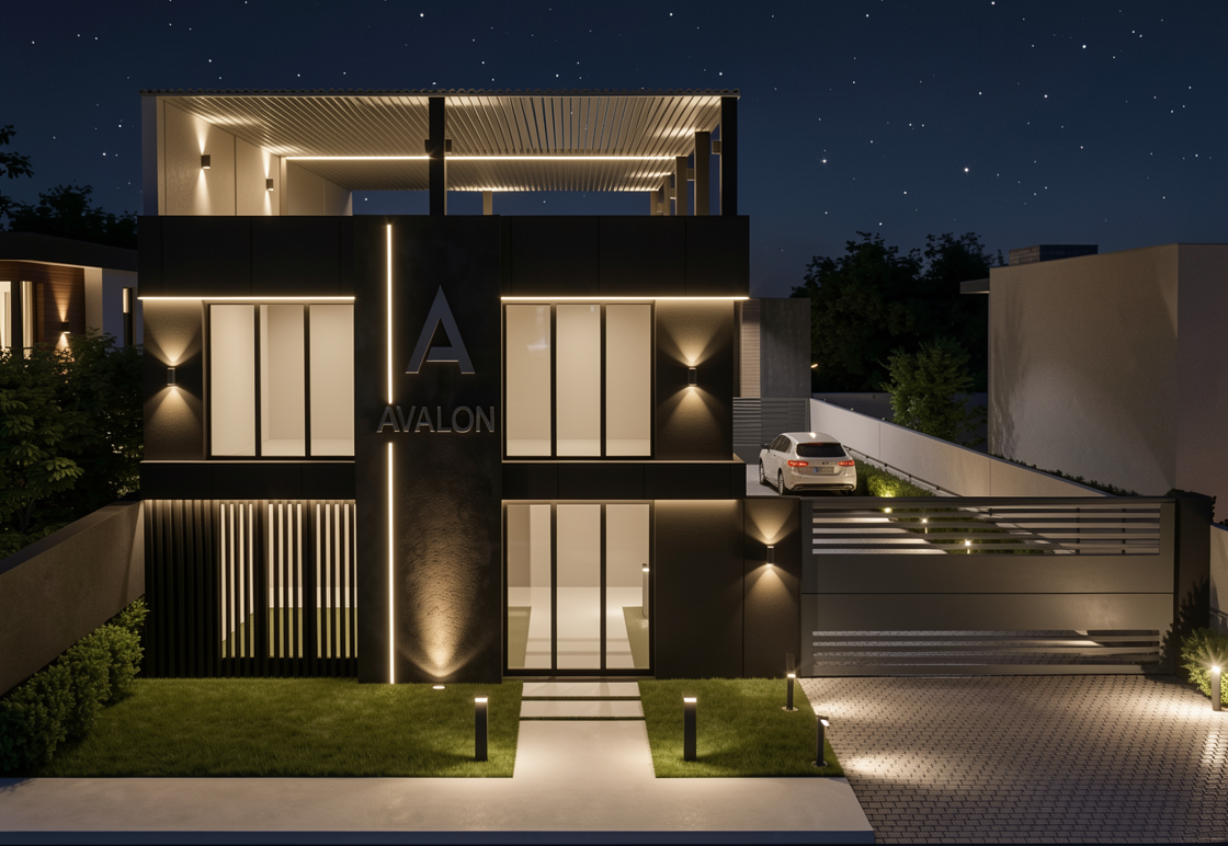 Render nocturno del Edificio Avalon iluminado