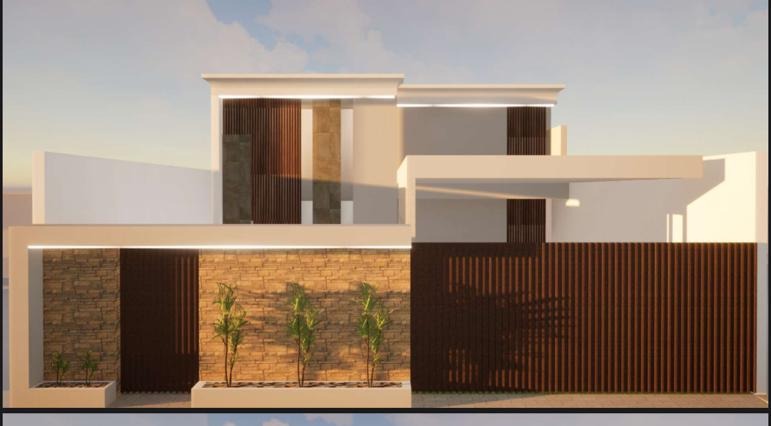Render frontal de vivienda familiar contemporánea con muro de piedra y portón de madera