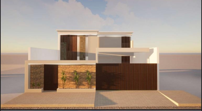 Render lateral de la vivienda mostrando el acceso peatonal