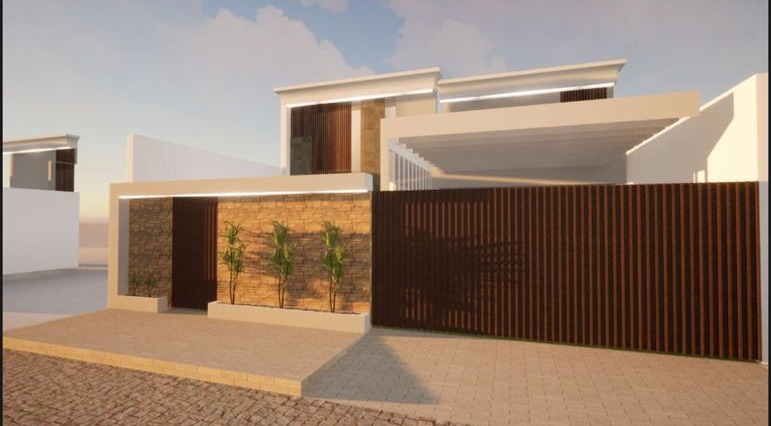 Render del ingreso vehicular con portón cerrado